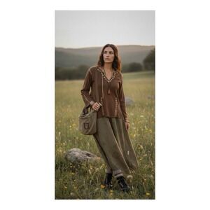 Vintage Brown Embroidered Sweater Womens Large Cottagecore Earthy Boho Indie‎